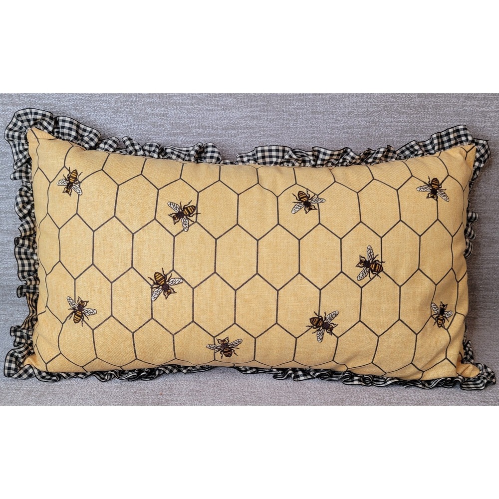 Farmhouse Embroidered Bee Honeycomb Lumbar Throw Pillow Black Gingham Ruffle
